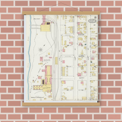 Old map wall art mockup — magnetic wood frame on brick wall — Sanborn Fire Insurance Map from Ironton, Lawrence County, Ohio (1893), Sheet #0009