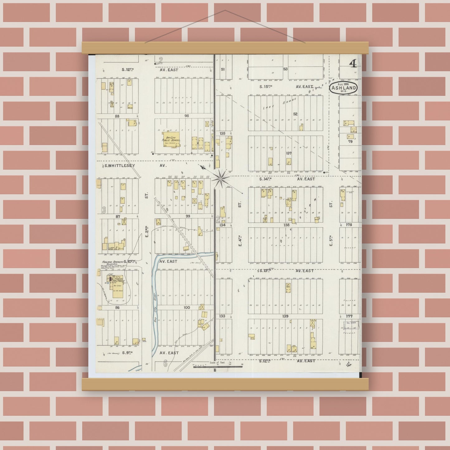 Old map wall art mockup — magnetic wood frame on brick wall — Sanborn Fire Insurance Map from Ashland, Ashland County, Wisconsin (1895), Sheet #0004