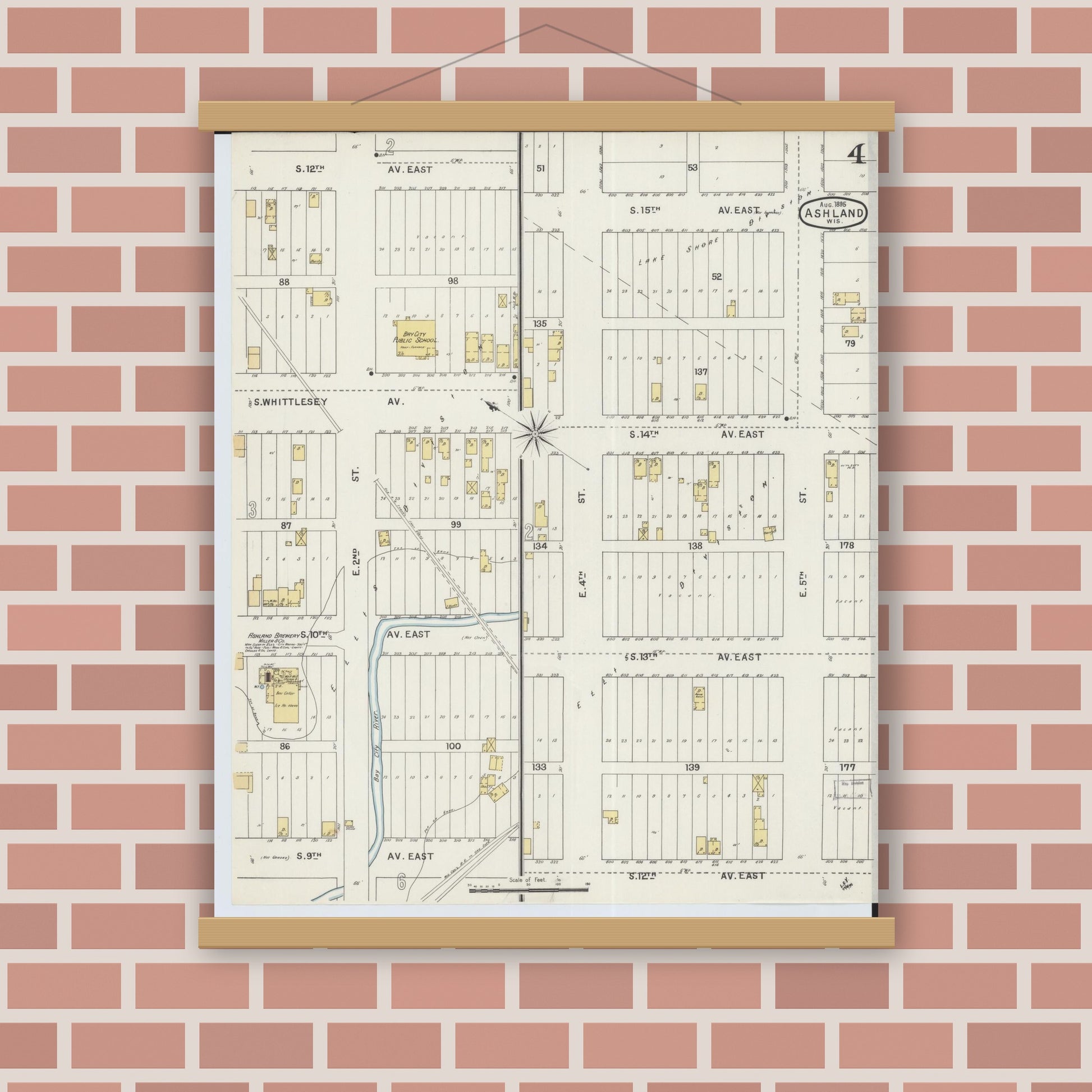 Old map wall art mockup — magnetic wood frame on brick wall — Sanborn Fire Insurance Map from Ashland, Ashland County, Wisconsin (1895), Sheet #0004
