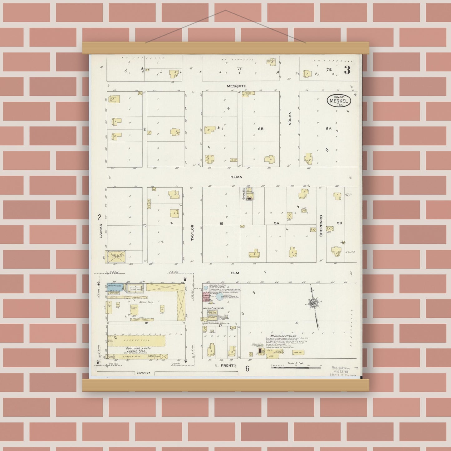 Old map wall art mockup — magnetic wood frame on brick wall — Sanborn Fire Insurance Map from Merkel, Taylor County, Texas (1914), Sheet #0003