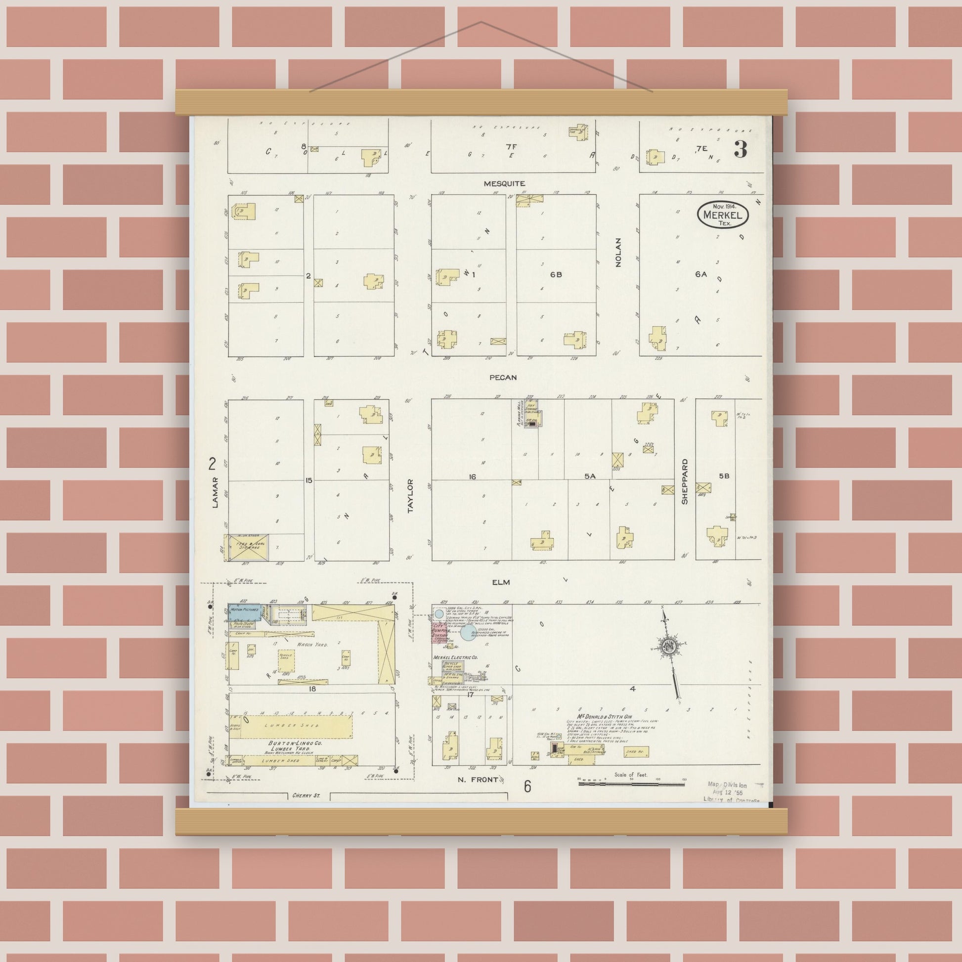 Old map wall art mockup — magnetic wood frame on brick wall — Sanborn Fire Insurance Map from Merkel, Taylor County, Texas (1914), Sheet #0003