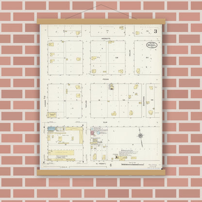 Old map wall art mockup — magnetic wood frame on brick wall — Sanborn Fire Insurance Map from Merkel, Taylor County, Texas (1914), Sheet #0003