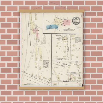 Old map wall art mockup — magnetic wood frame on brick wall — Sanborn Fire Insurance Map from Tunkhannock, Wyoming County, Pennsylvania (1884) - Complete Map Set