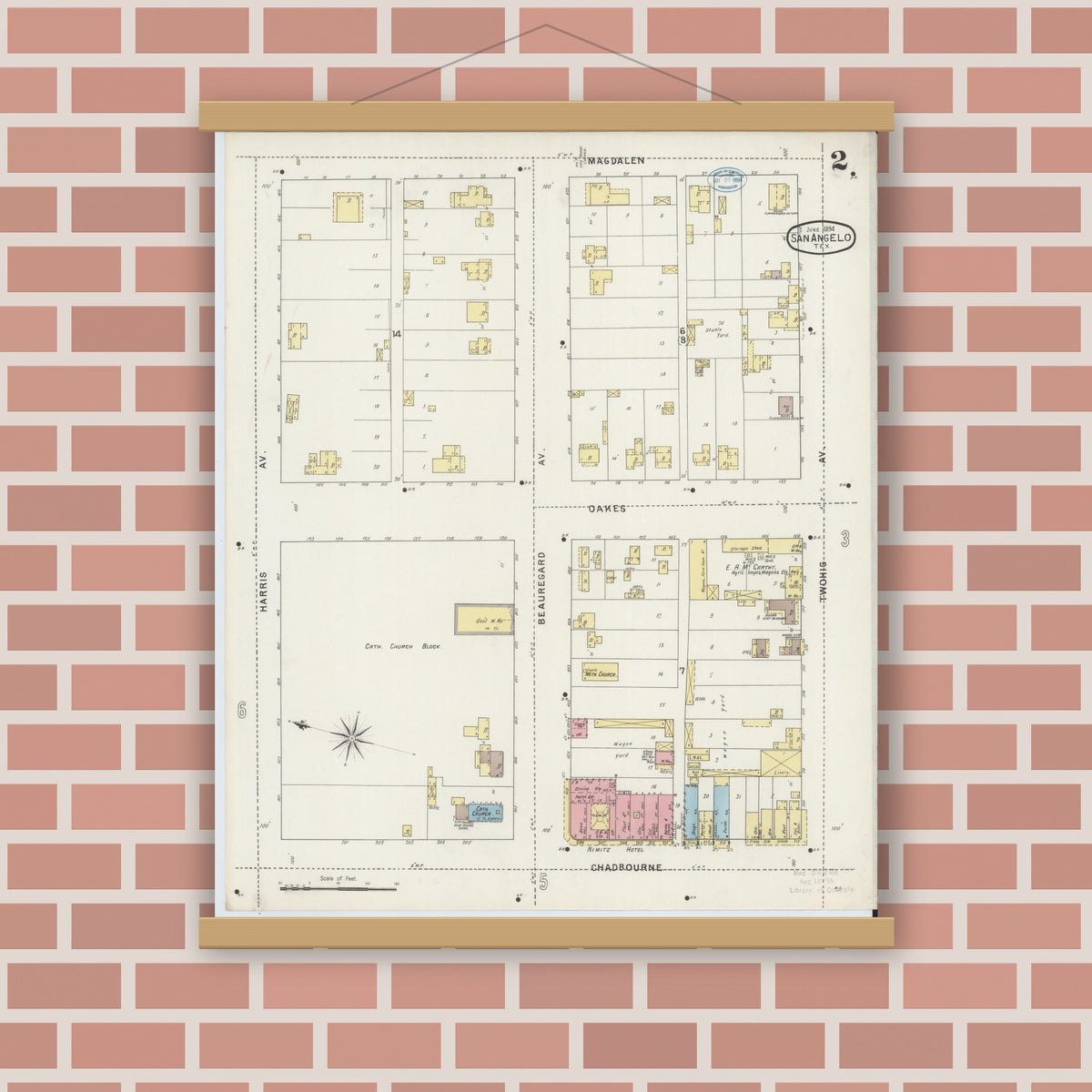 Old map wall art mockup — magnetic wood frame on brick wall — Sanborn Fire Insurance Map from San Angelo, Tom Green County, Texas (1894), Sheet #0002