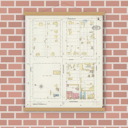 Old map wall art mockup — magnetic wood frame on brick wall — Sanborn Fire Insurance Map from San Angelo, Tom Green County, Texas (1894), Sheet #0002