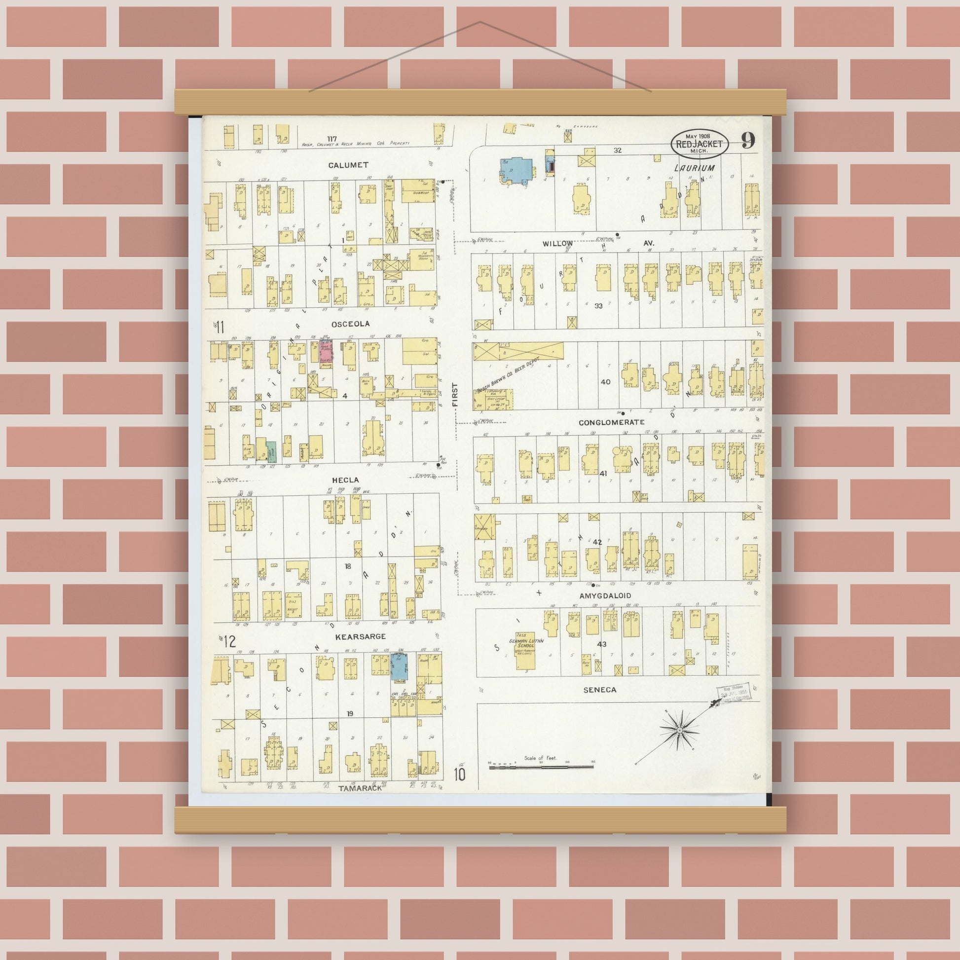 Old map wall art mockup — magnetic wood frame on brick wall — Sanborn Fire Insurance Map from Red Jacket, Houghton County, Michigan (1908), Sheet #0009