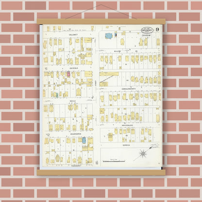 Old map wall art mockup — magnetic wood frame on brick wall — Sanborn Fire Insurance Map from Red Jacket, Houghton County, Michigan (1908), Sheet #0009