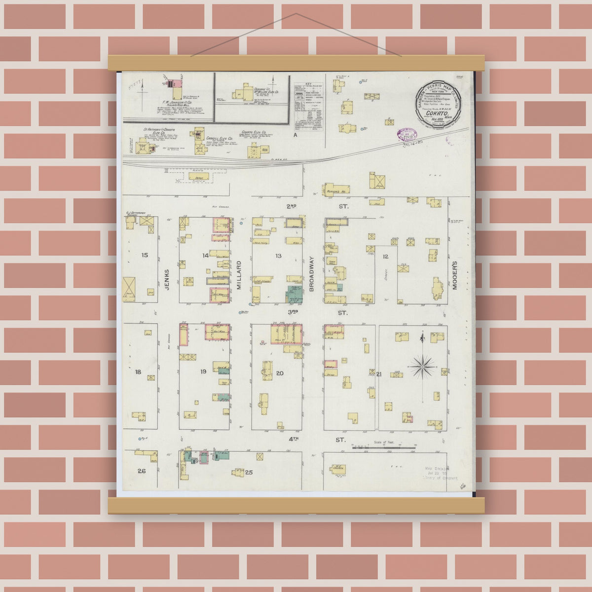 Old map wall art mockup — magnetic wood frame on brick wall — Sanborn Fire Insurance Map from Cokato, Wright County, Minnesota (1893), Sheet #0001