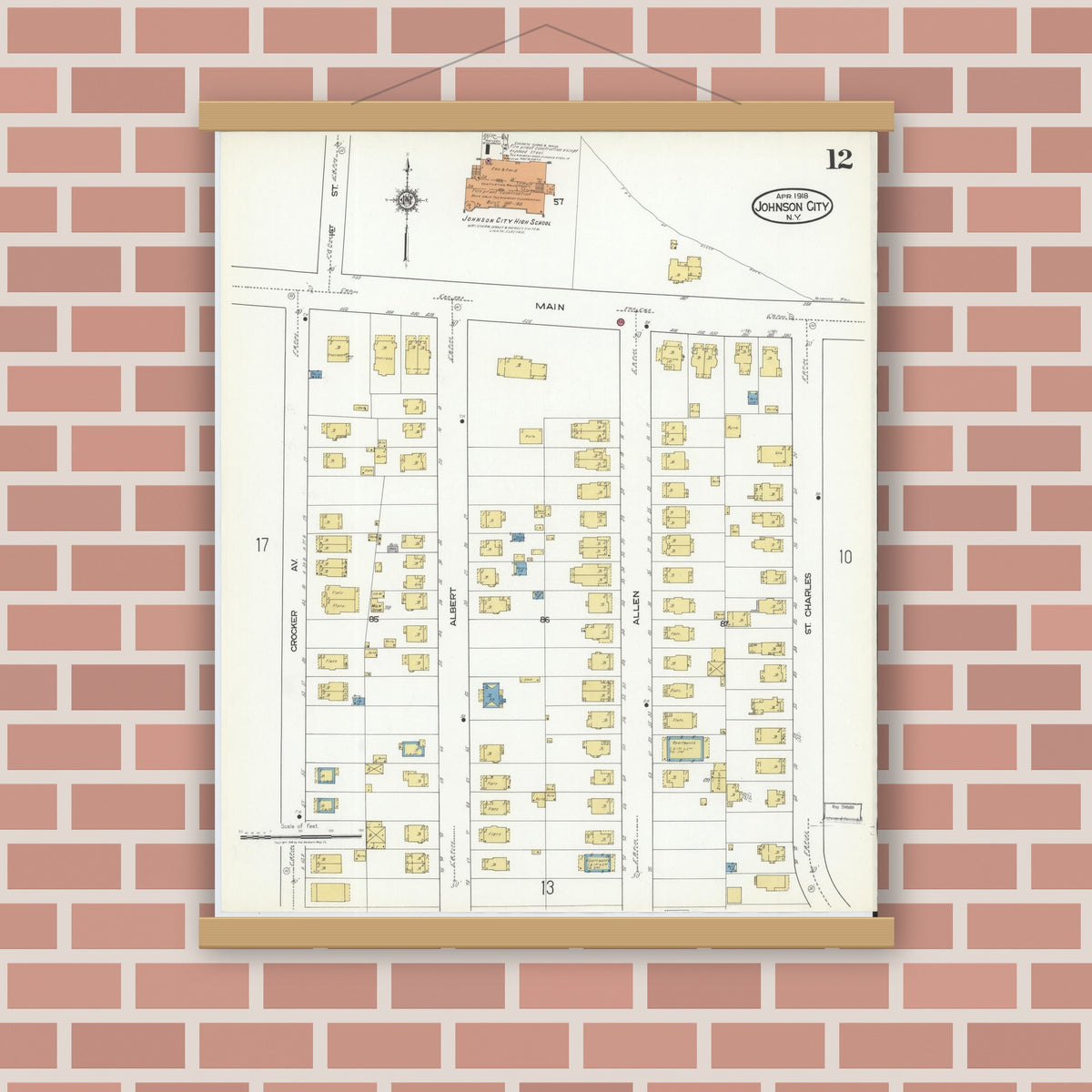Old map wall art mockup — magnetic wood frame on brick wall — Sanborn Fire Insurance Map from Johnson City, Broome County, New York (1918), Sheet #0012
