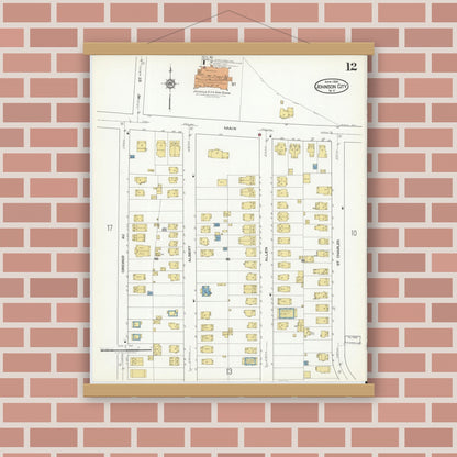 Old map wall art mockup — magnetic wood frame on brick wall — Sanborn Fire Insurance Map from Johnson City, Broome County, New York (1918), Sheet #0012