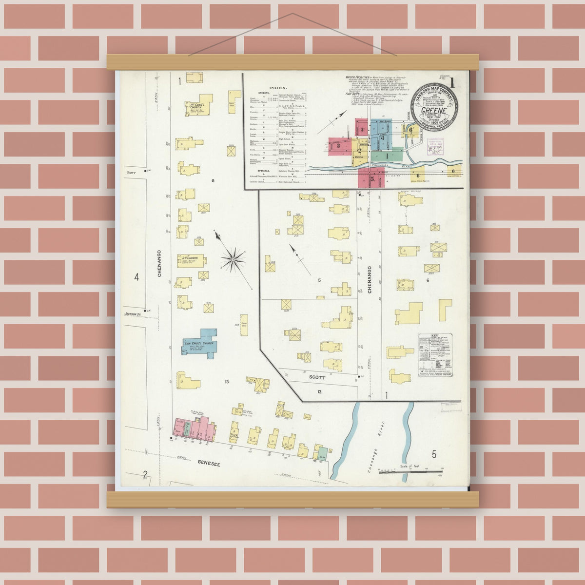 Old map wall art mockup — magnetic wood frame on brick wall — Sanborn Fire Insurance Map from Greene, Chenango County, New York (1908), Sheet #0001