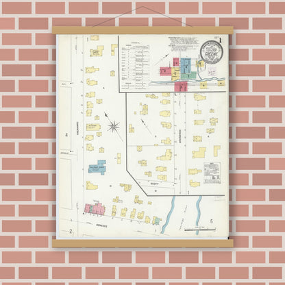 Old map wall art mockup — magnetic wood frame on brick wall — Sanborn Fire Insurance Map from Greene, Chenango County, New York (1908), Sheet #0001