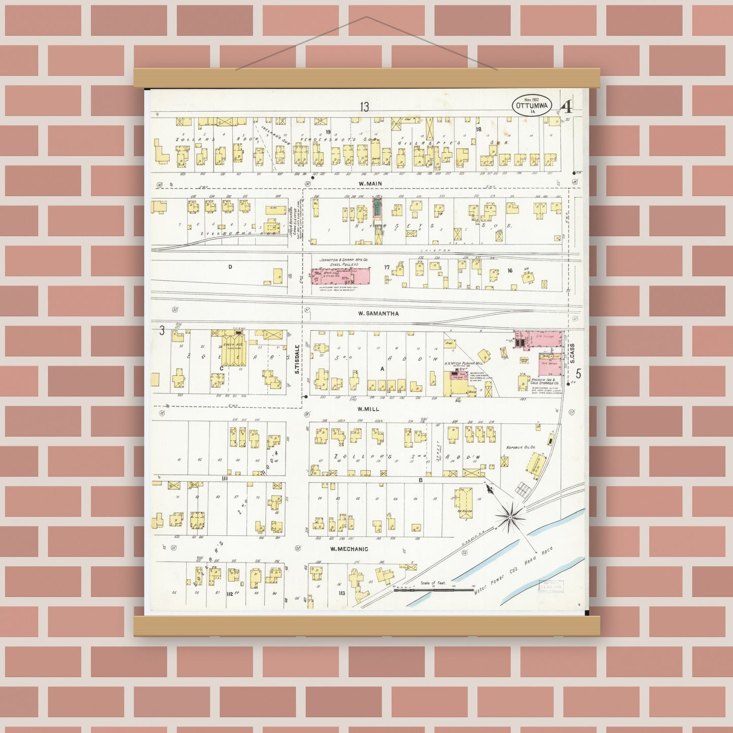Old map wall art mockup — magnetic wood frame on brick wall — Sanborn Fire Insurance Map from Ottumwa, Wapello County, Iowa (1902), Sheet #0004