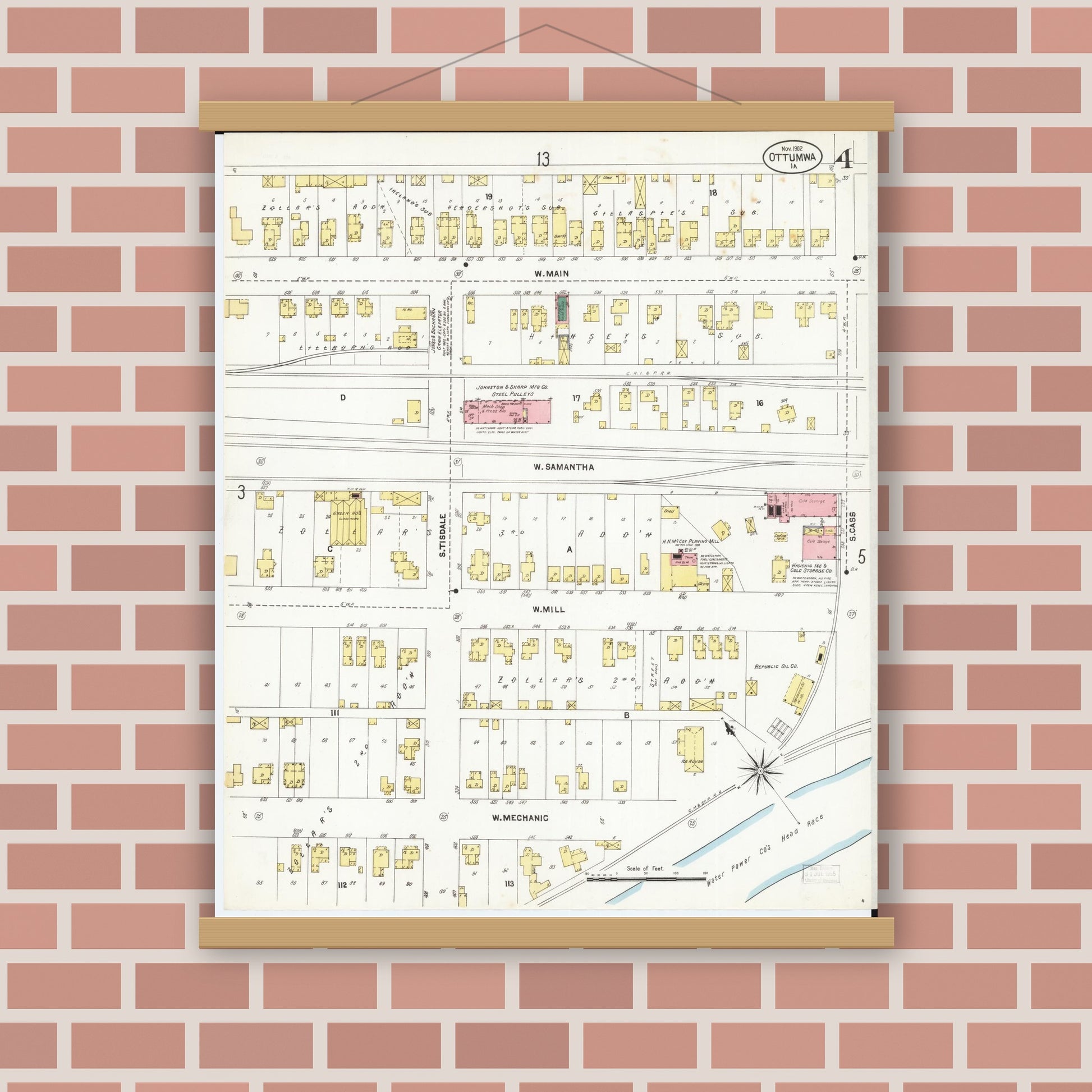 Old map wall art mockup — magnetic wood frame on brick wall — Sanborn Fire Insurance Map from Ottumwa, Wapello County, Iowa (1902), Sheet #0004
