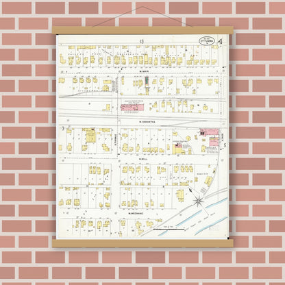 Old map wall art mockup — magnetic wood frame on brick wall — Sanborn Fire Insurance Map from Ottumwa, Wapello County, Iowa (1902), Sheet #0004