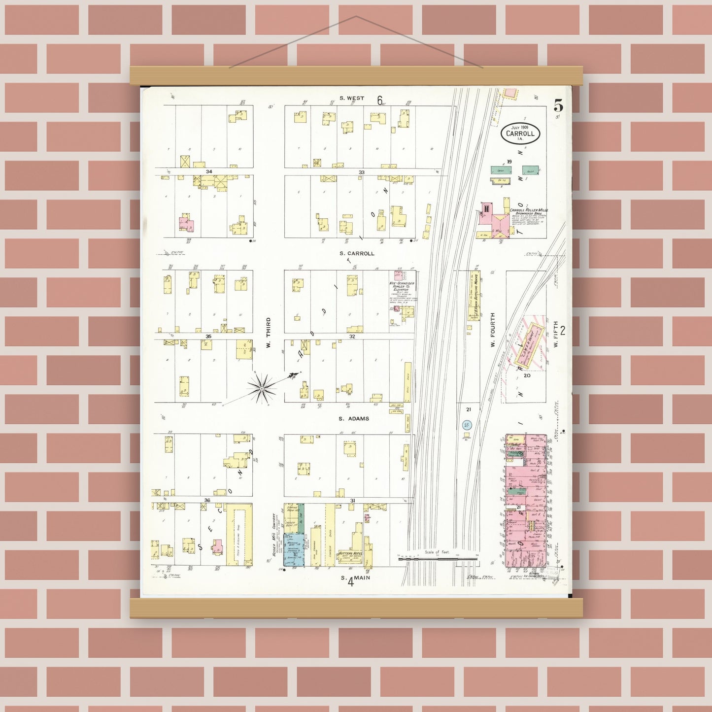 Old map wall art mockup — magnetic wood frame on brick wall — Sanborn Fire Insurance Map from Carroll, Carroll County, Iowa (1909), Sheet #0005