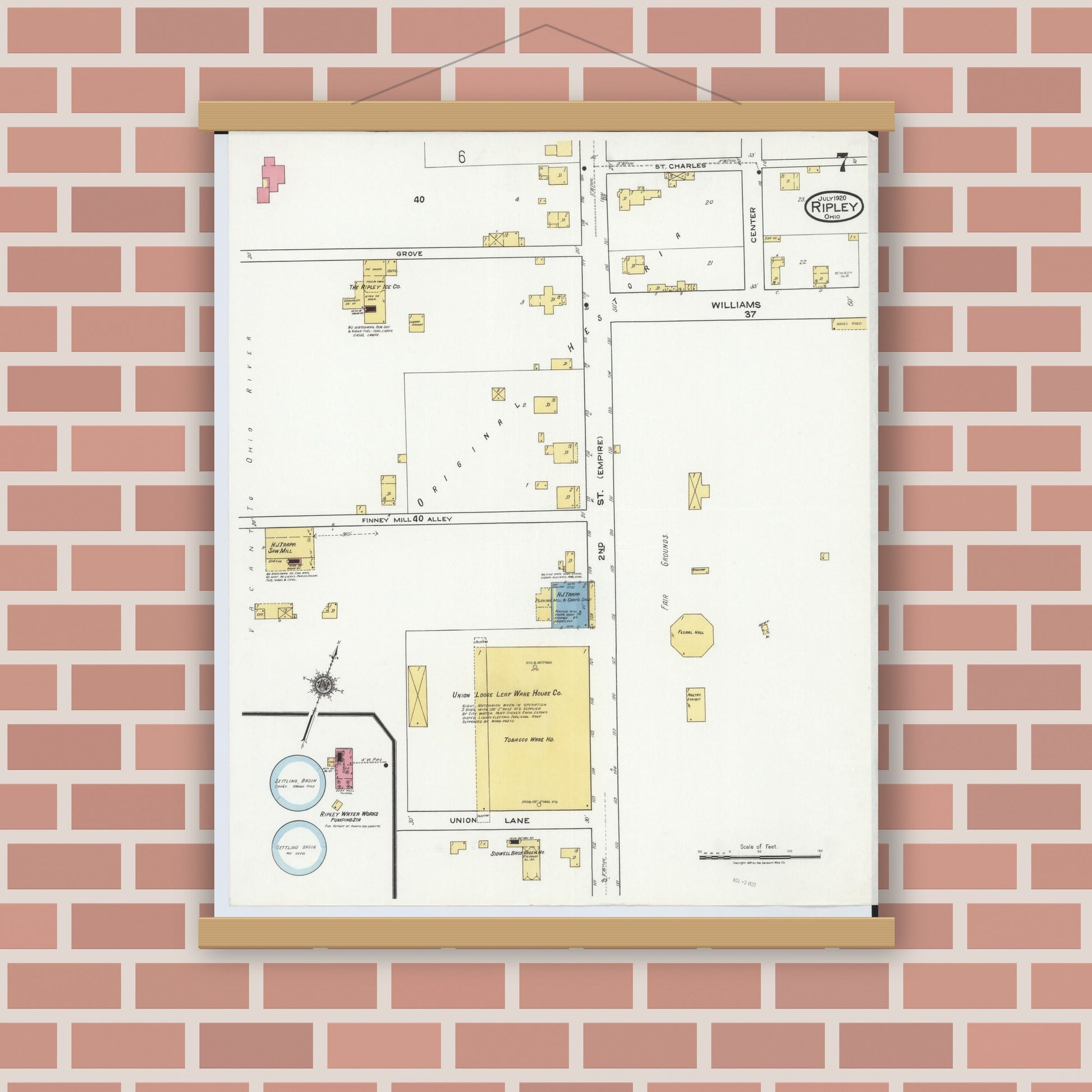 Old map wall art mockup — magnetic wood frame on brick wall — Sanborn Fire Insurance Map from Ripley, Brown County, Ohio (1920), Sheet #0007