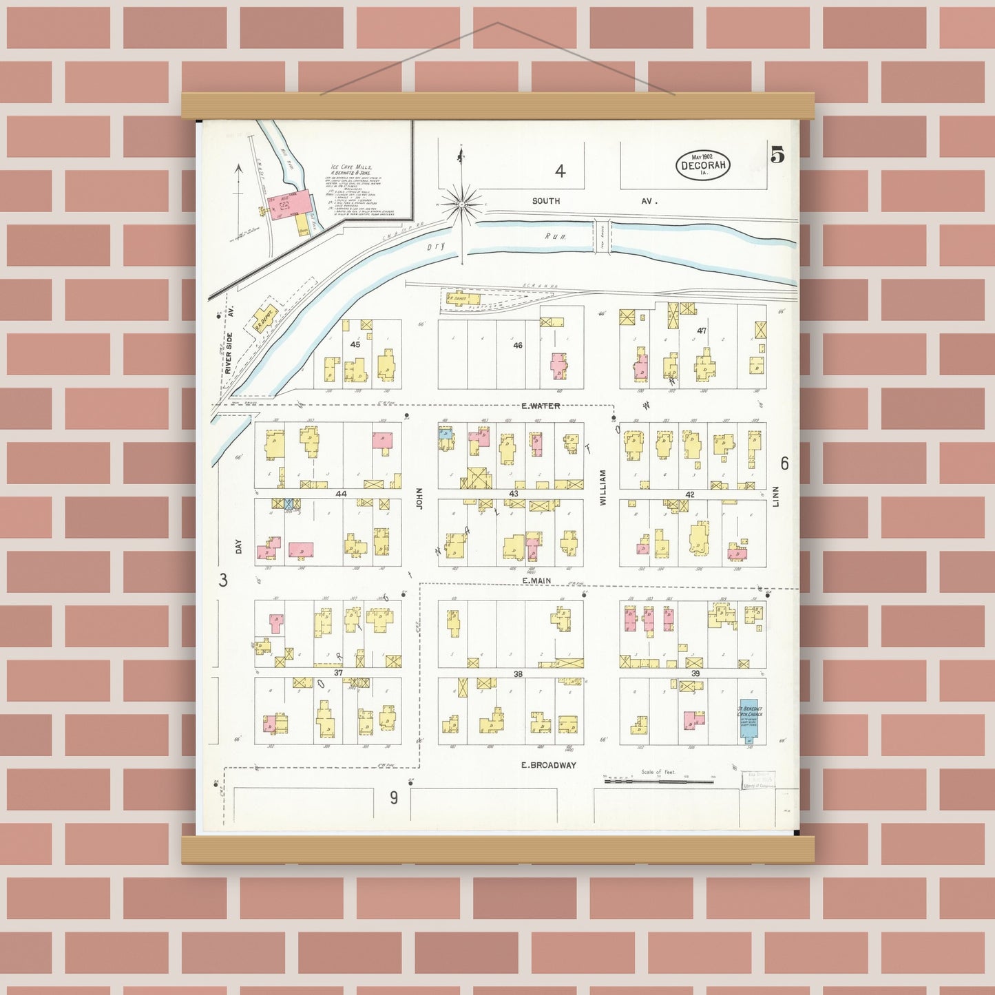 Old map wall art mockup — magnetic wood frame on brick wall — Sanborn Fire Insurance Map from Decorah, Winneshiek County, Iowa (1902), Sheet #0005