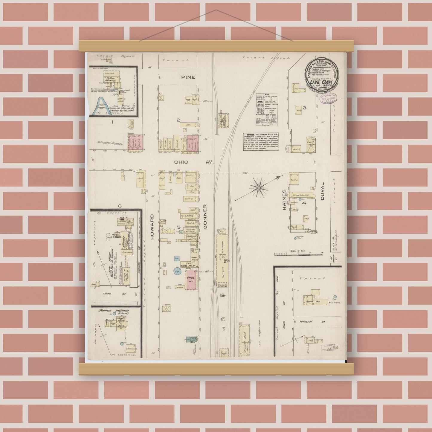 Old map wall art mockup — magnetic wood frame on brick wall — Sanborn Fire Insurance Map from Live Oak, Suwanee County, Florida (1885), Sheet #0001