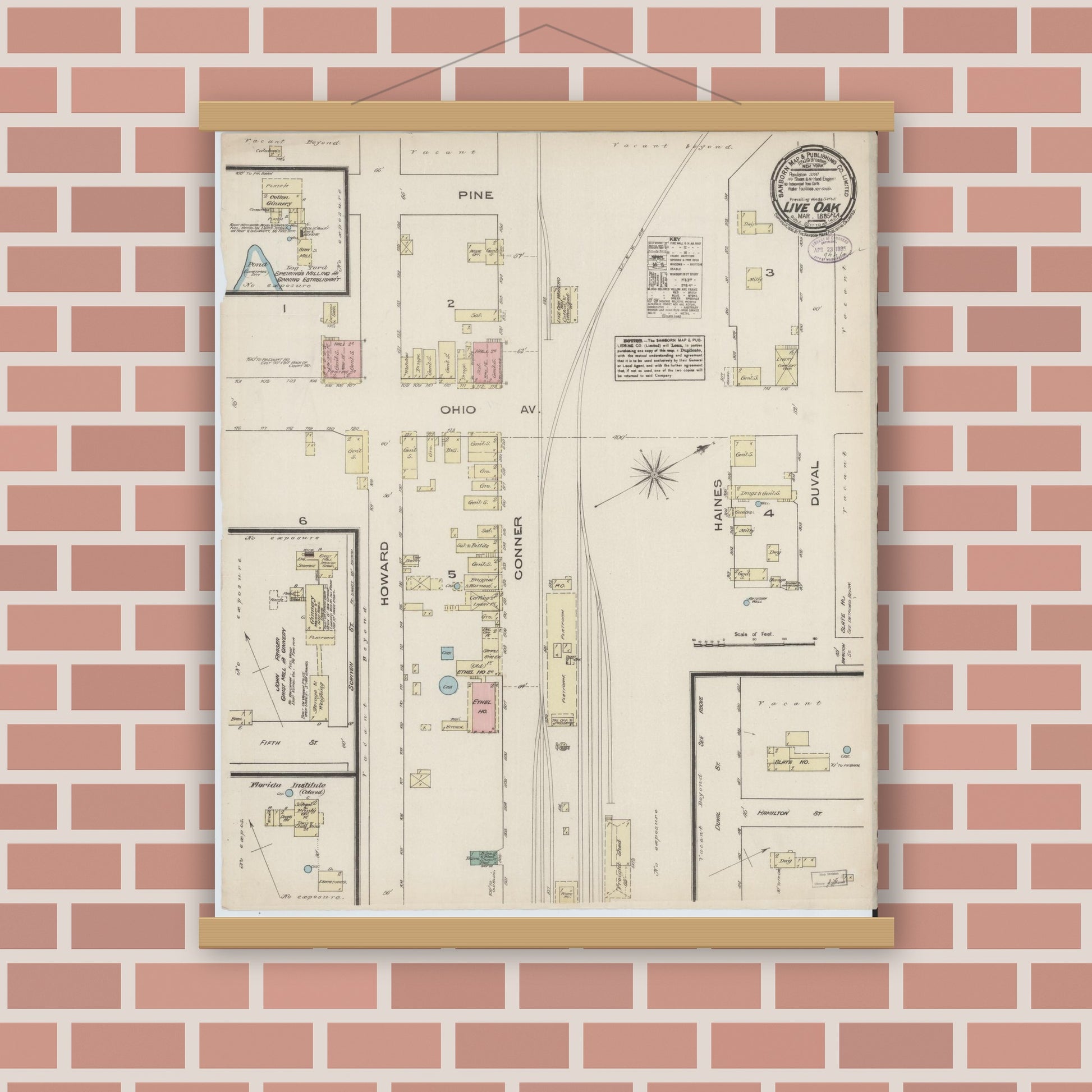 Old map wall art mockup — magnetic wood frame on brick wall — Sanborn Fire Insurance Map from Live Oak, Suwanee County, Florida (1885), Sheet #0001