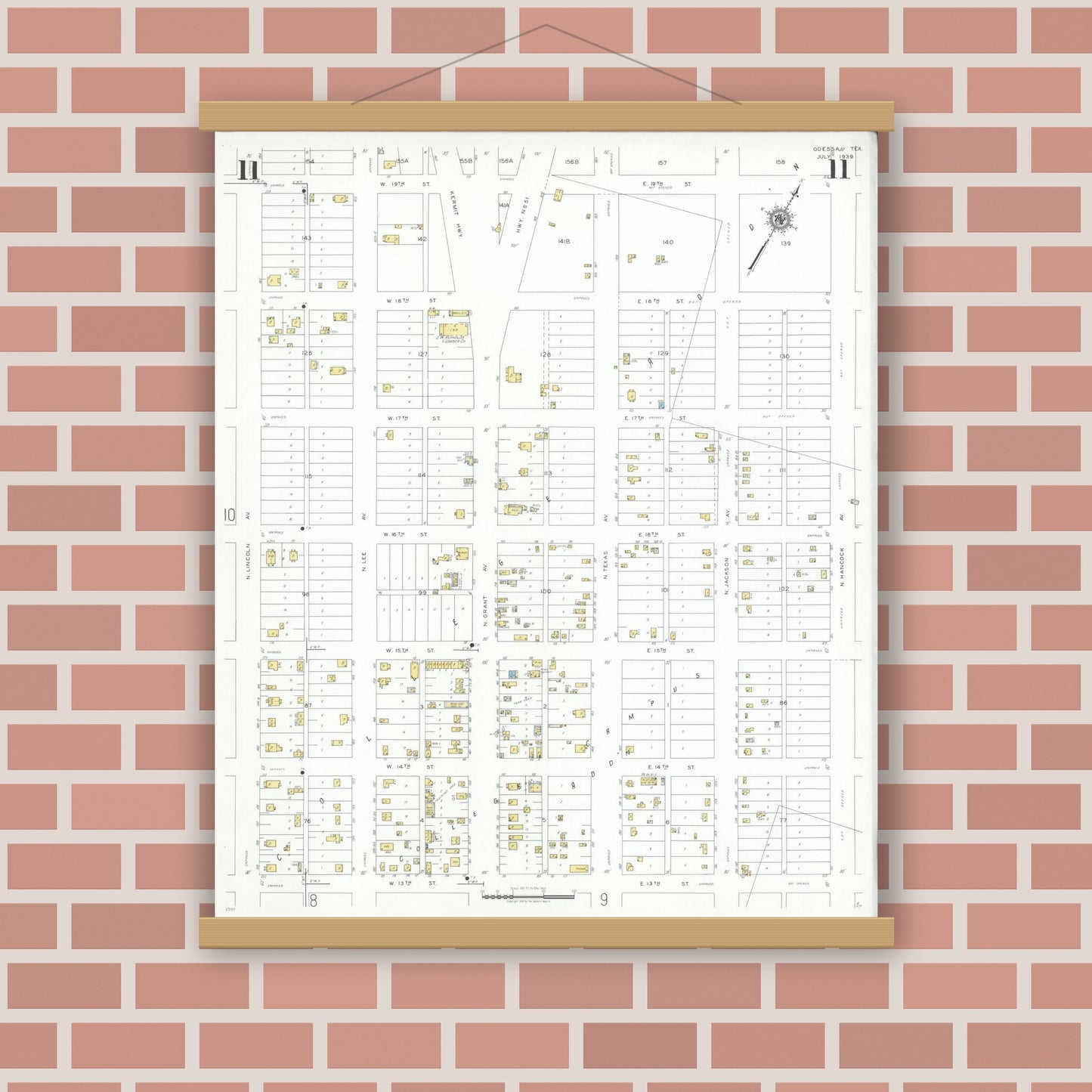 Old map wall art mockup — magnetic wood frame on brick wall — Sanborn Fire Insurance Map from Odessa, Edger County, Texas (1939), Sheet #0011