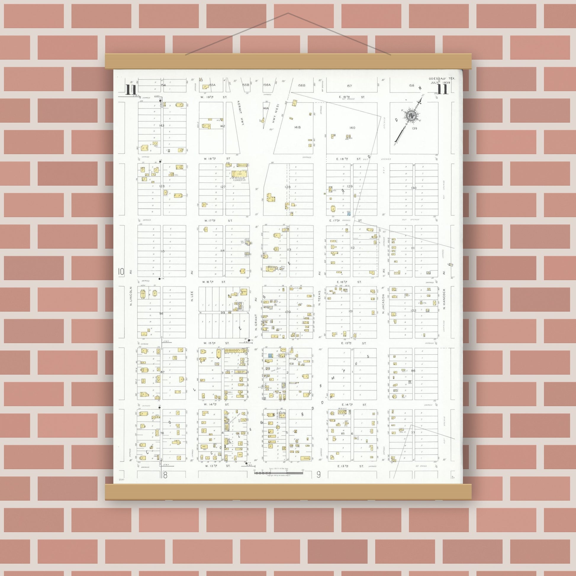 Old map wall art mockup — magnetic wood frame on brick wall — Sanborn Fire Insurance Map from Odessa, Edger County, Texas (1939), Sheet #0011