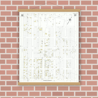 Old map wall art mockup — magnetic wood frame on brick wall — Sanborn Fire Insurance Map from Odessa, Edger County, Texas (1939), Sheet #0011