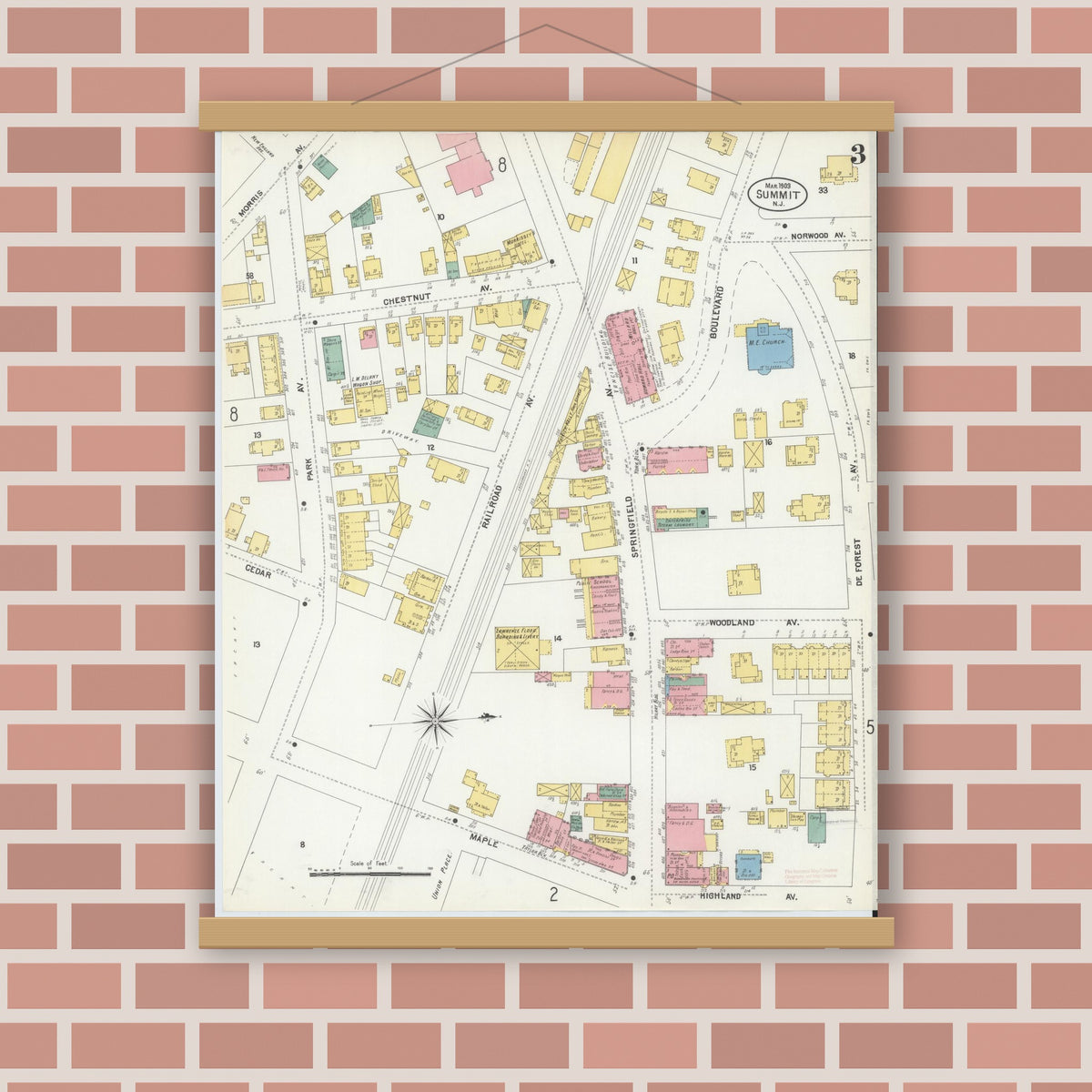 Old map wall art mockup — magnetic wood frame on brick wall — Sanborn Fire Insurance Map from Summit, Union County, New Jersey (1903), Sheet #0003