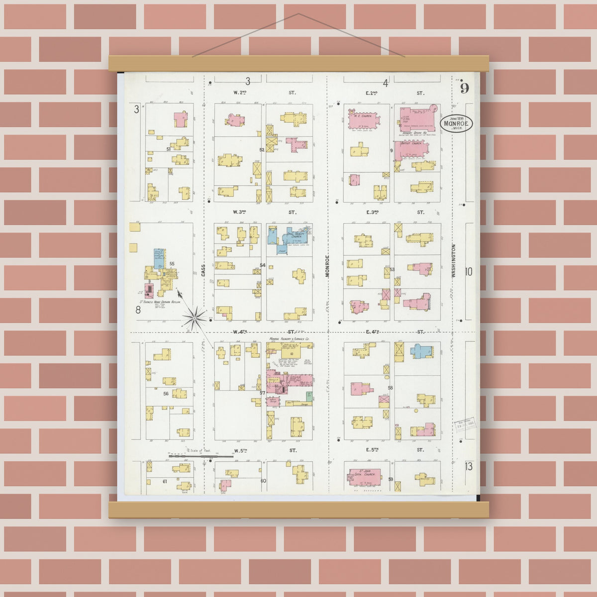 Old map wall art mockup — magnetic wood frame on brick wall — Sanborn Fire Insurance Map from Monroe, Monroe County, Michigan (1899), Sheet #0009