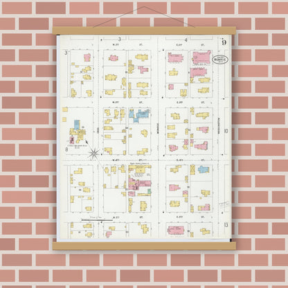 Old map wall art mockup — magnetic wood frame on brick wall — Sanborn Fire Insurance Map from Monroe, Monroe County, Michigan (1899), Sheet #0009