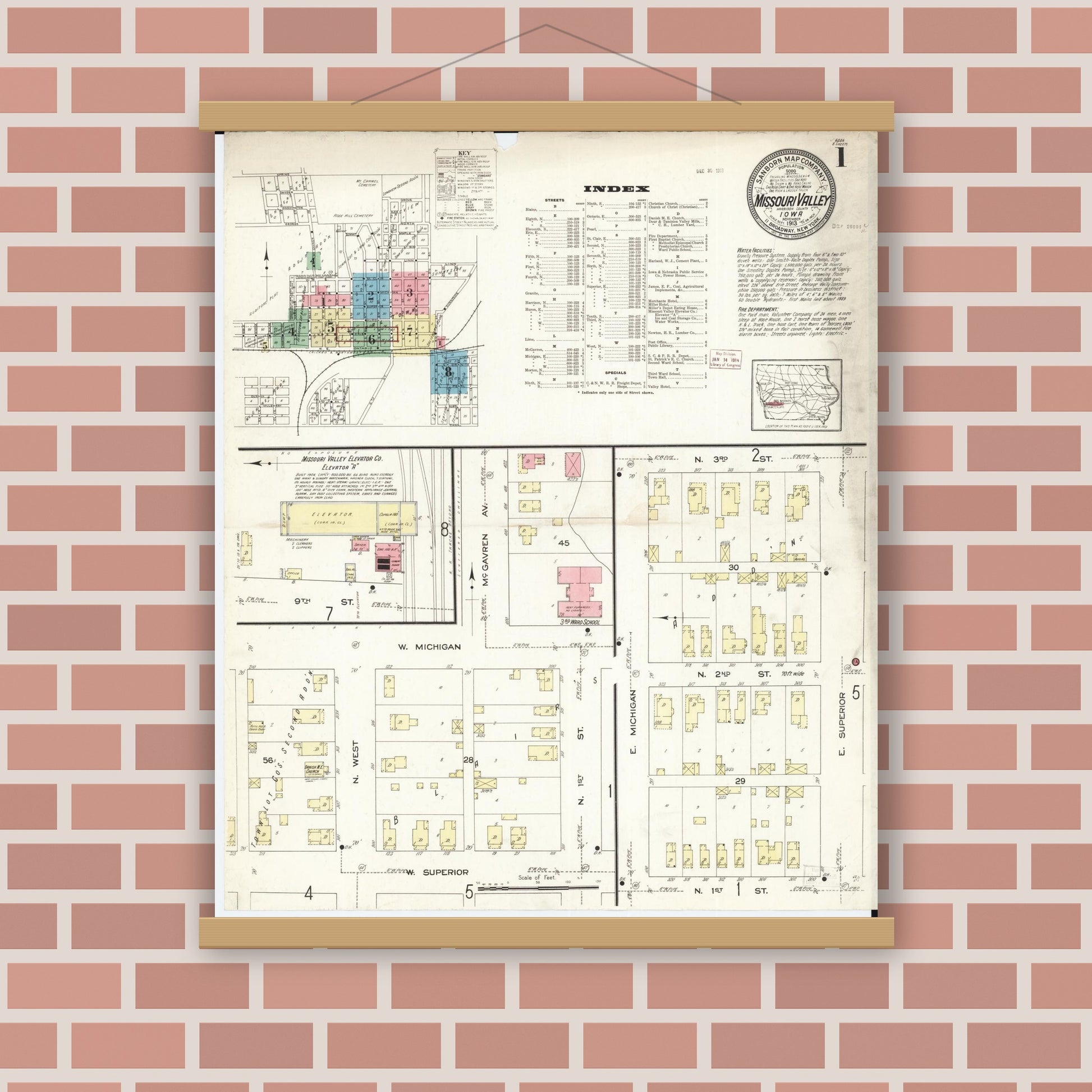 Old map wall art mockup — magnetic wood frame on brick wall — Sanborn Fire Insurance Map from Missouri Valley, Harrison County, Iowa (1913) - Complete Map Set