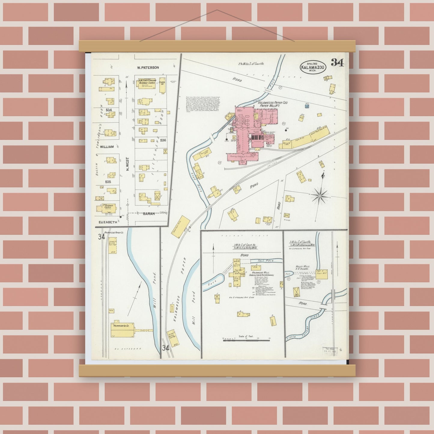 Old map wall art mockup — magnetic wood frame on brick wall — Sanborn Fire Insurance Map from Kalamazoo, Kalamazoo County, Michigan (1902), Sheet #0034