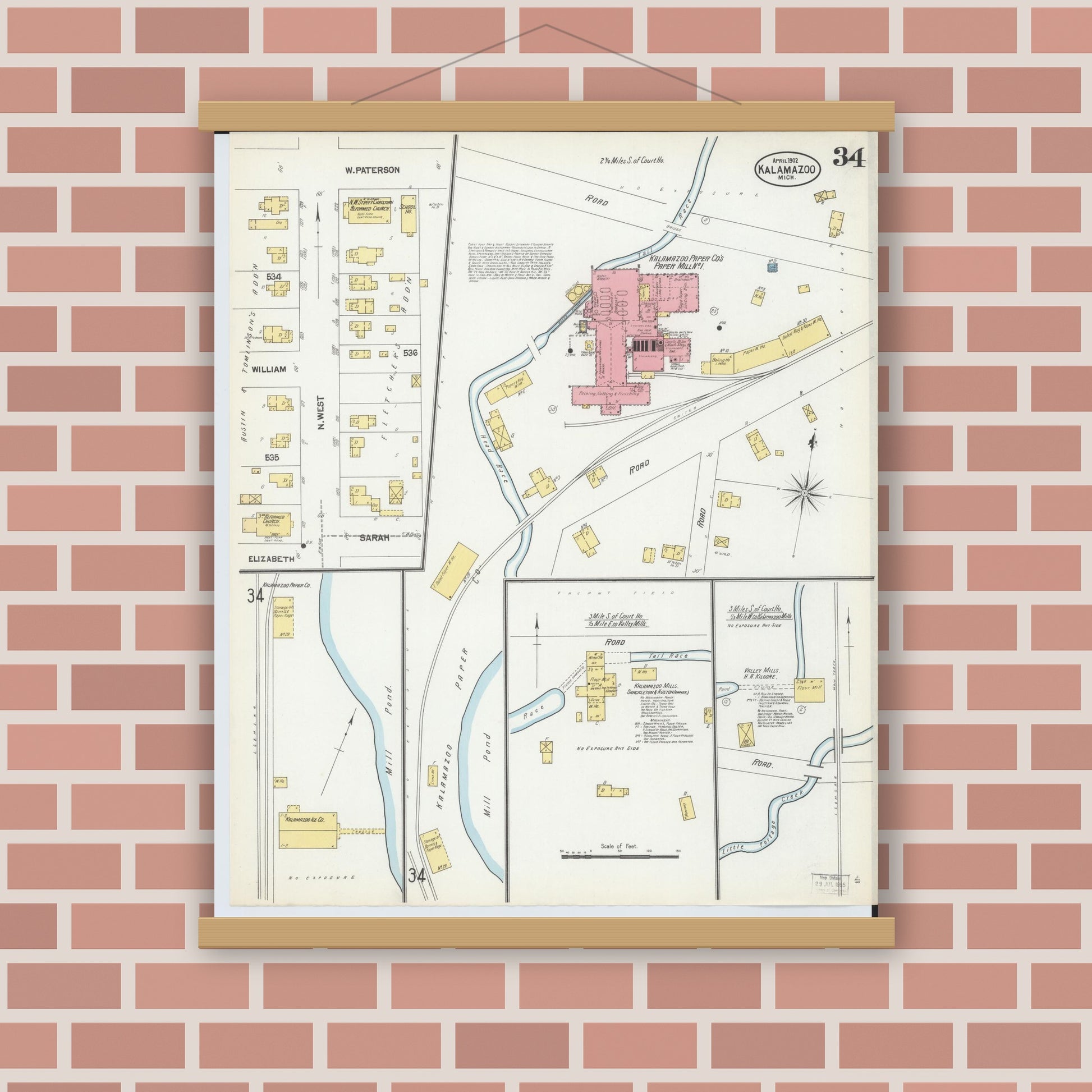 Old map wall art mockup — magnetic wood frame on brick wall — Sanborn Fire Insurance Map from Kalamazoo, Kalamazoo County, Michigan (1902), Sheet #0034