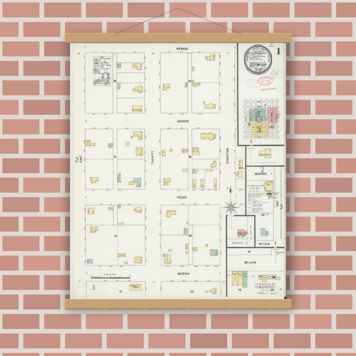 Old map wall art mockup — magnetic wood frame on brick wall — Sanborn Fire Insurance Map from Seymour, Baylor County, Texas (1898) - Complete Map Set