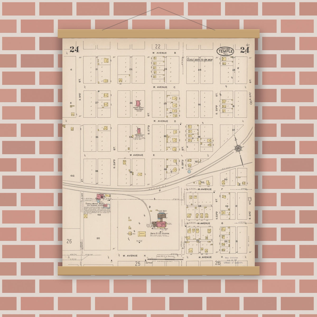 Old map wall art mockup — magnetic wood frame on brick wall — Sanborn Fire Insurance Map from Temple, Bell County, Texas (1922), Sheet #0024