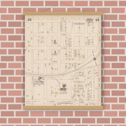 Old map wall art mockup — magnetic wood frame on brick wall — Sanborn Fire Insurance Map from Temple, Bell County, Texas (1922), Sheet #0024