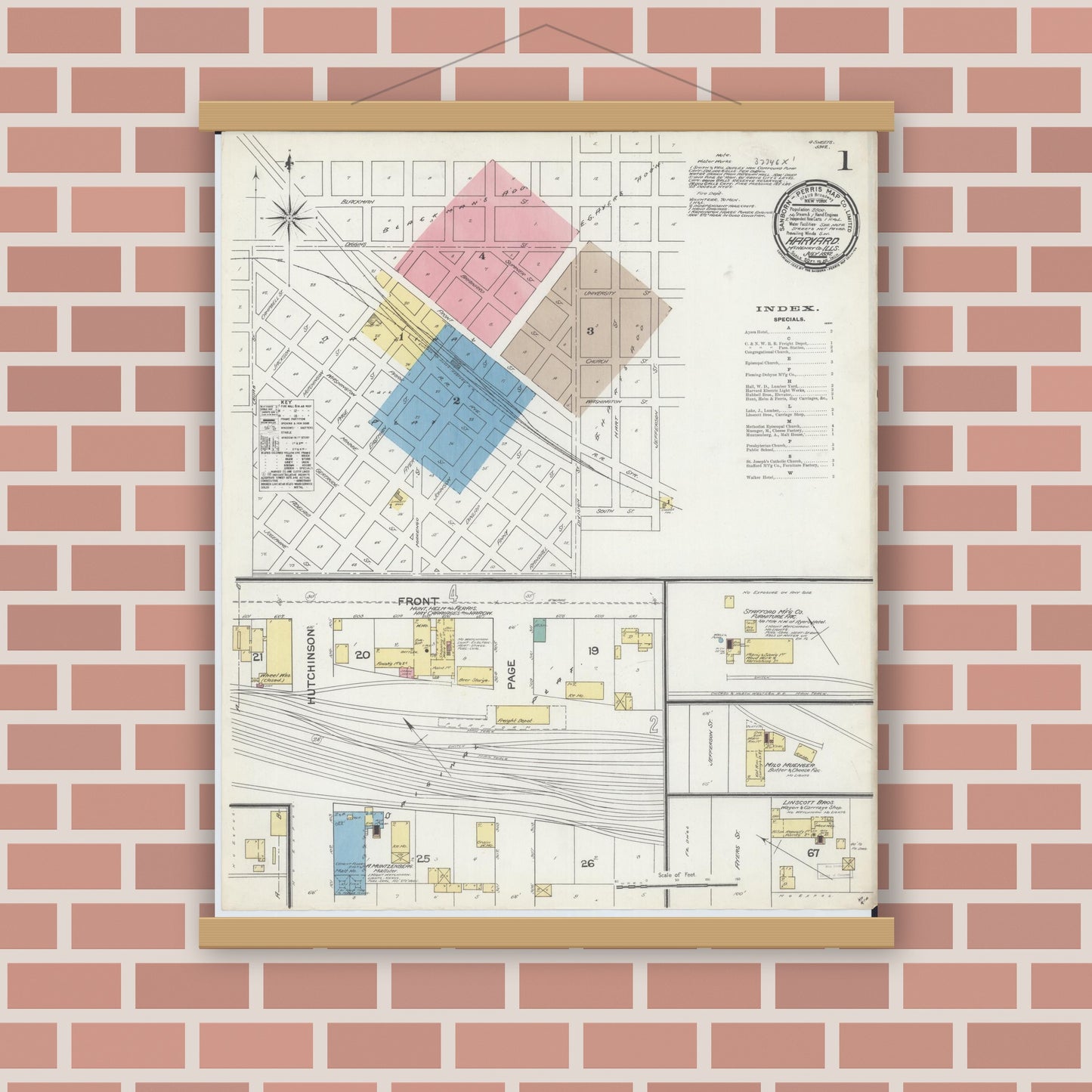 Old map wall art mockup — magnetic wood frame on brick wall — Sanborn Fire Insurance Map from Harvard, McHenry County, Illinois (1892), Sheet #0001