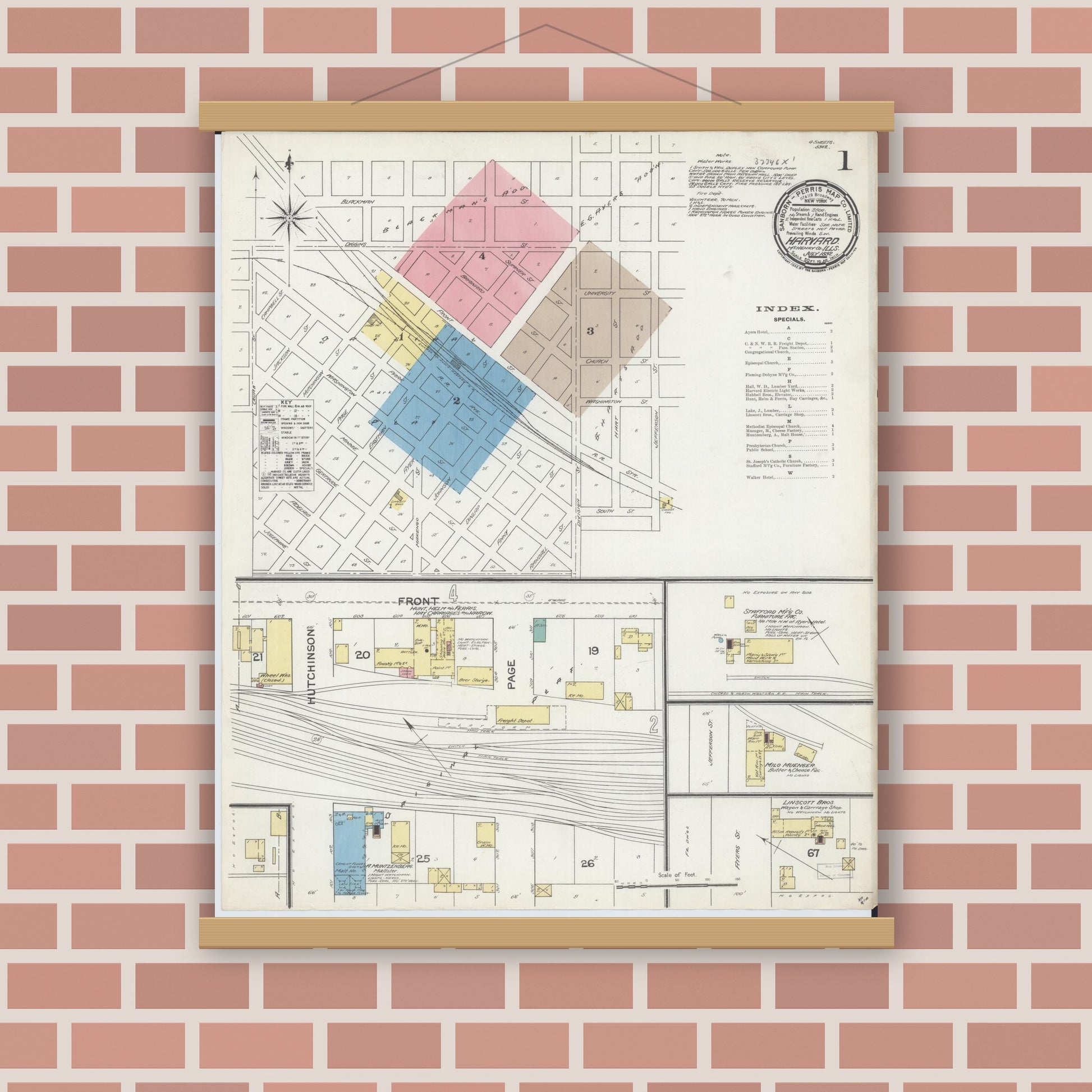 Old map wall art mockup — magnetic wood frame on brick wall — Sanborn Fire Insurance Map from Harvard, McHenry County, Illinois (1892), Sheet #0001