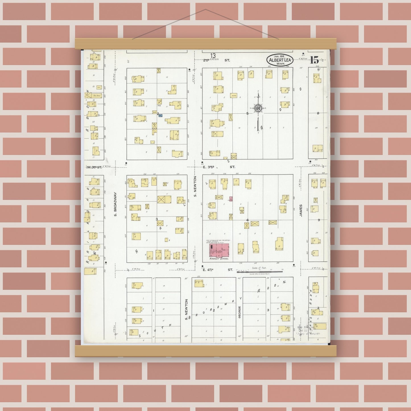 Old map wall art mockup — magnetic wood frame on brick wall — Sanborn Fire Insurance Map from Albert Lea, Freeborn County, Minnesota (1918), Sheet #0015