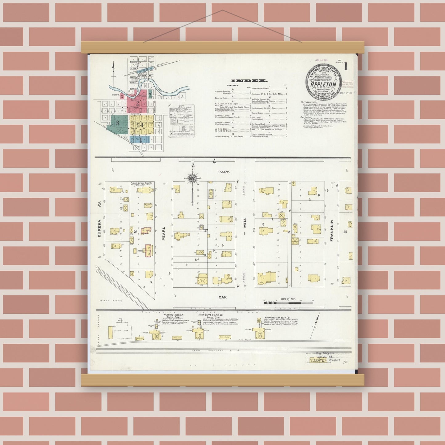 Old map wall art mockup — magnetic wood frame on brick wall — Sanborn Fire Insurance Map from Appleton, Swift County, Minnesota (1909), Sheet #0001