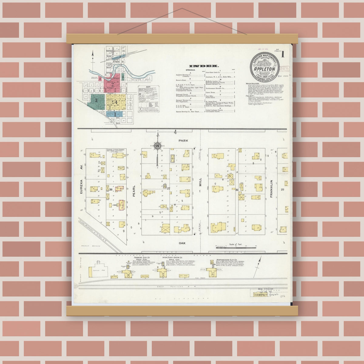 Old map wall art mockup — magnetic wood frame on brick wall — Sanborn Fire Insurance Map from Appleton, Swift County, Minnesota (1909), Sheet #0001