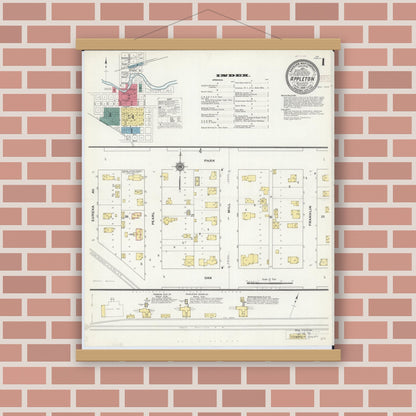 Old map wall art mockup — magnetic wood frame on brick wall — Sanborn Fire Insurance Map from Appleton, Swift County, Minnesota (1909), Sheet #0001