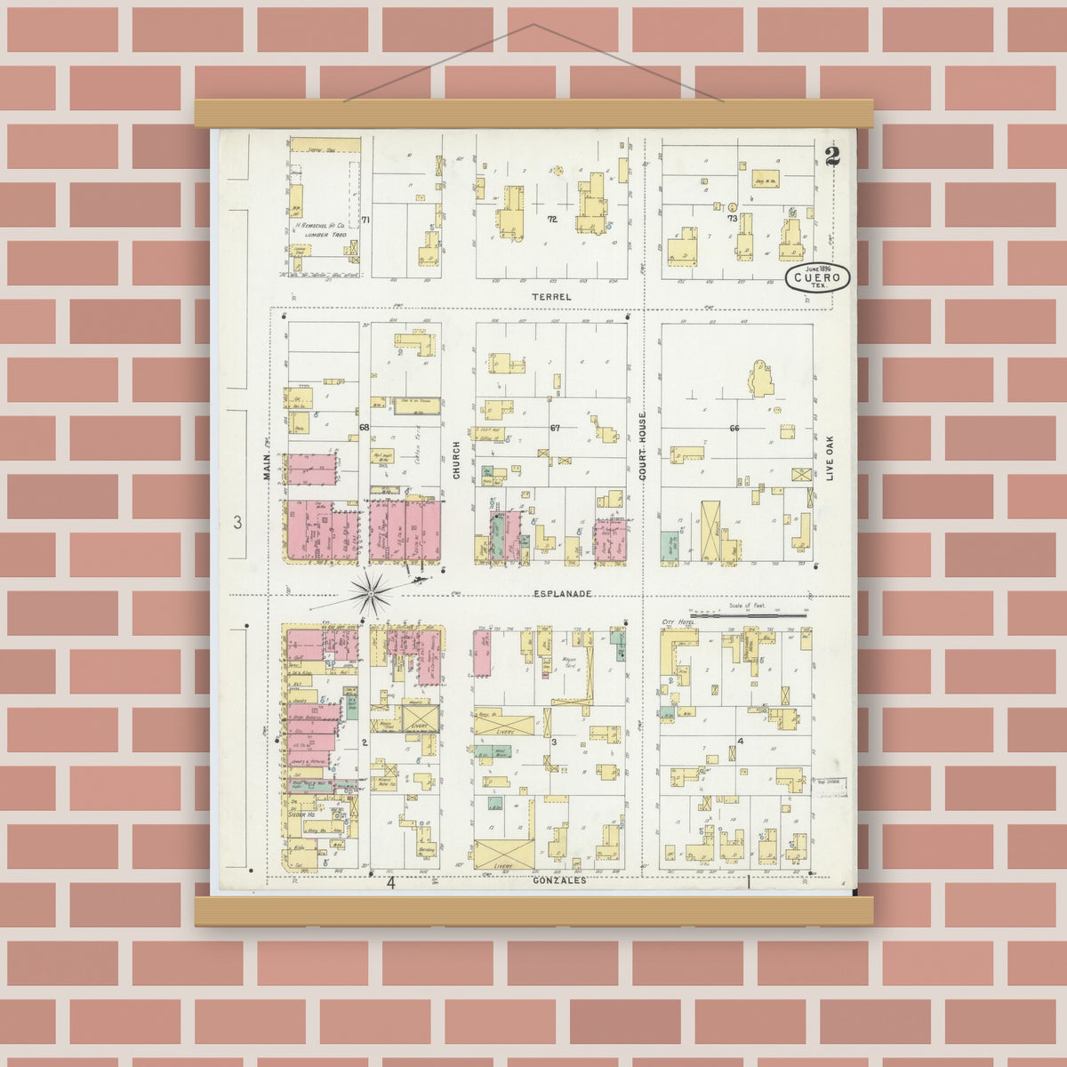 Old map wall art mockup — magnetic wood frame on brick wall — Sanborn Fire Insurance Map from Cuero, De Witt County, Texas (1896), Sheet #0002