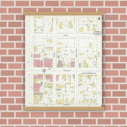 Old map wall art mockup — magnetic wood frame on brick wall — Sanborn Fire Insurance Map from Cuero, De Witt County, Texas (1896), Sheet #0002