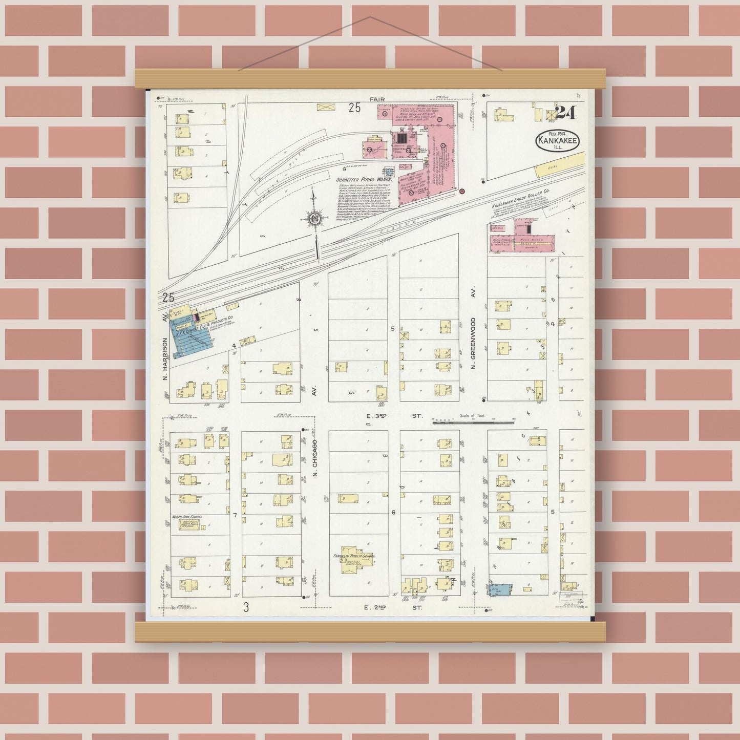Old map wall art mockup — magnetic wood frame on brick wall — Sanborn Fire Insurance Map from Kankakee, Kankakee County, Illinois (1914), Sheet #0024