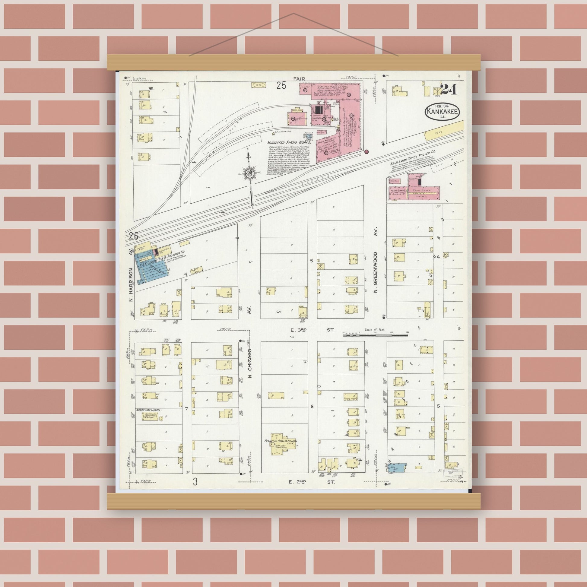 Old map wall art mockup — magnetic wood frame on brick wall — Sanborn Fire Insurance Map from Kankakee, Kankakee County, Illinois (1914), Sheet #0024
