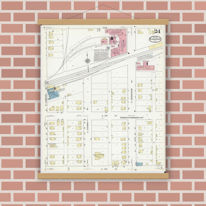 Old map wall art mockup — magnetic wood frame on brick wall — Sanborn Fire Insurance Map from Kankakee, Kankakee County, Illinois (1914), Sheet #0024