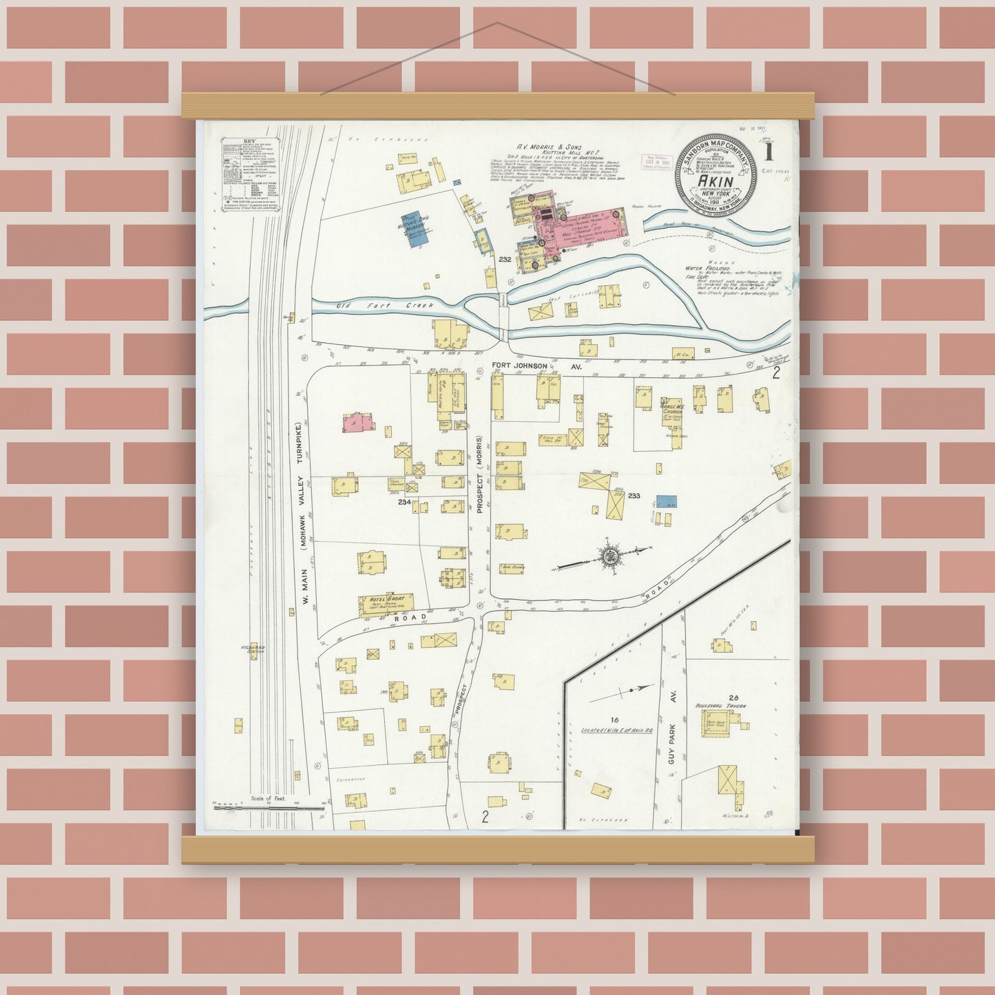 Old map wall art mockup — magnetic wood frame on brick wall — Sanborn Fire Insurance Map from Akin, Montgomery County, New York (1911), Sheet #0001