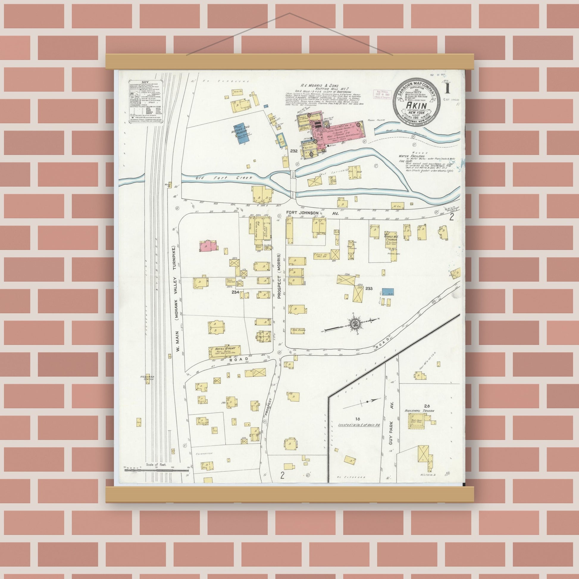 Old map wall art mockup — magnetic wood frame on brick wall — Sanborn Fire Insurance Map from Akin, Montgomery County, New York (1911), Sheet #0001