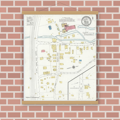 Old map wall art mockup — magnetic wood frame on brick wall — Sanborn Fire Insurance Map from Akin, Montgomery County, New York (1911), Sheet #0001
